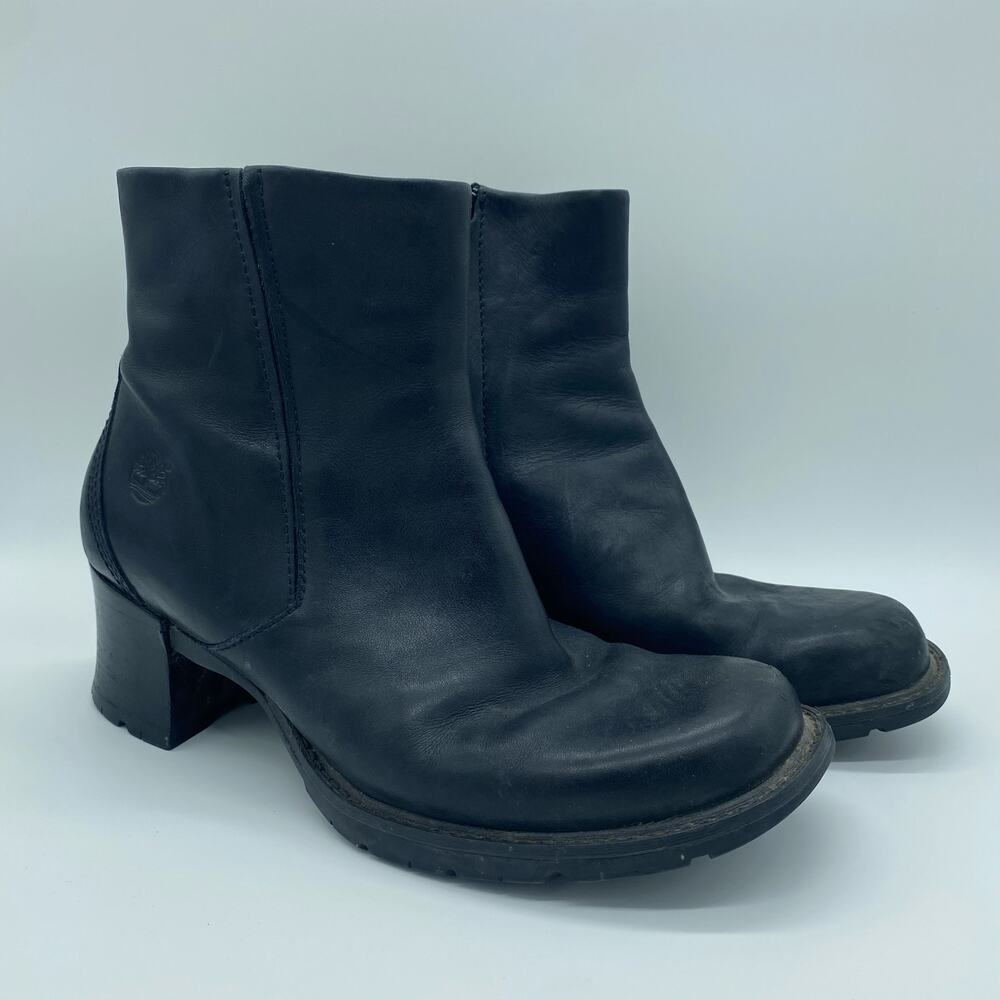 Timberland Alyse Black Leather Block Heel Ankle Boots Moto Y2K Women's size 7